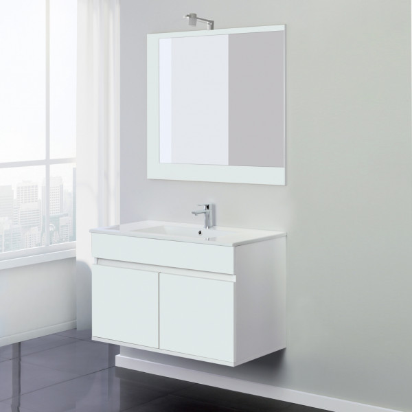 Composizione bagno Fabula con mobile lavello specchio e luce bianco lucido 92x47x58 cm