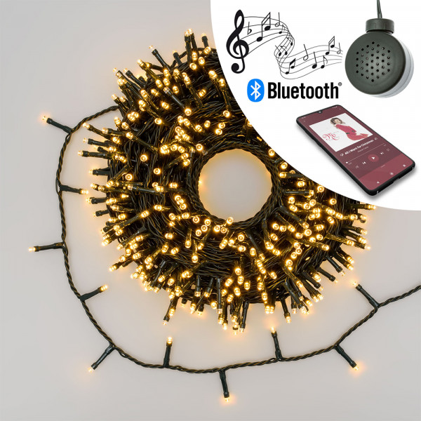 Luci di Natale per interni ed esterni 600 LED 30,5mt bianco caldo con speaker bluetooth