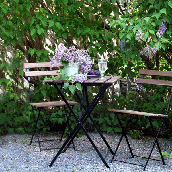 Set da giardino bistrot tavolo con due sedie legno e metallo nero